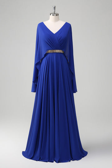 Royal Blue A Line V-neck Chiffon Long Mother Dress with Belt